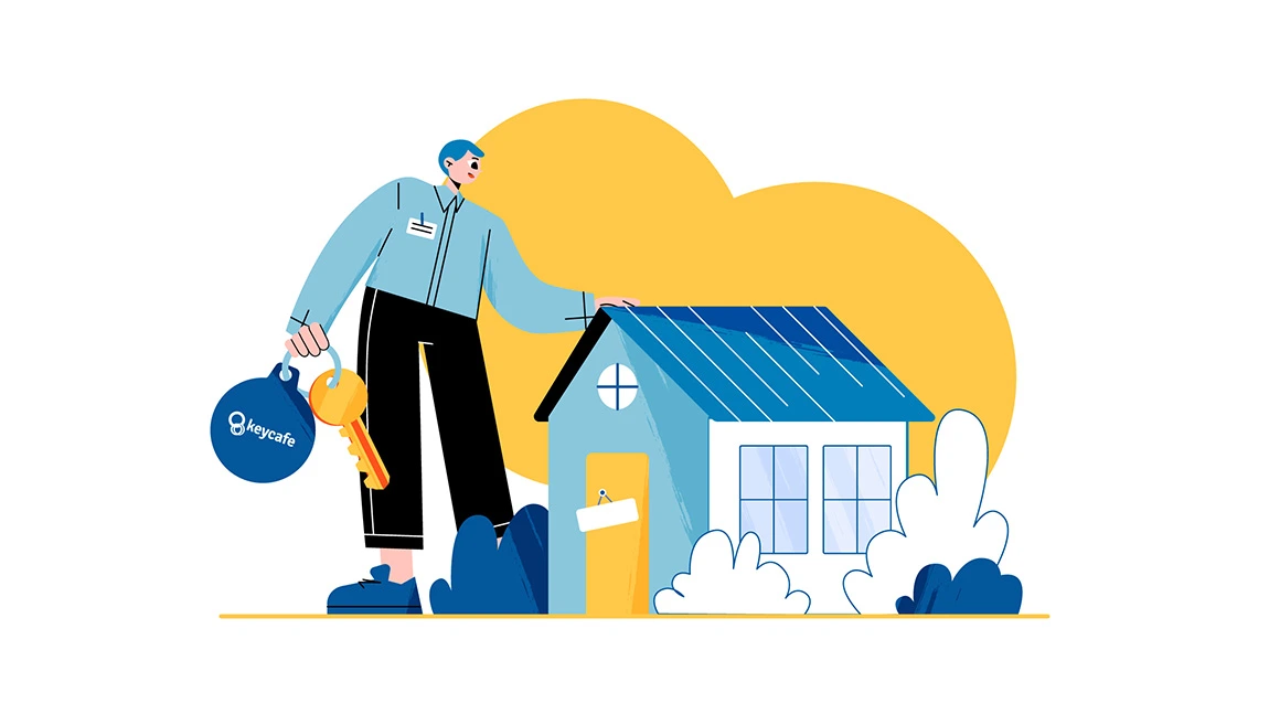 Person holding a Keycafe key fob and key beside a house, representing secure key access and property management
