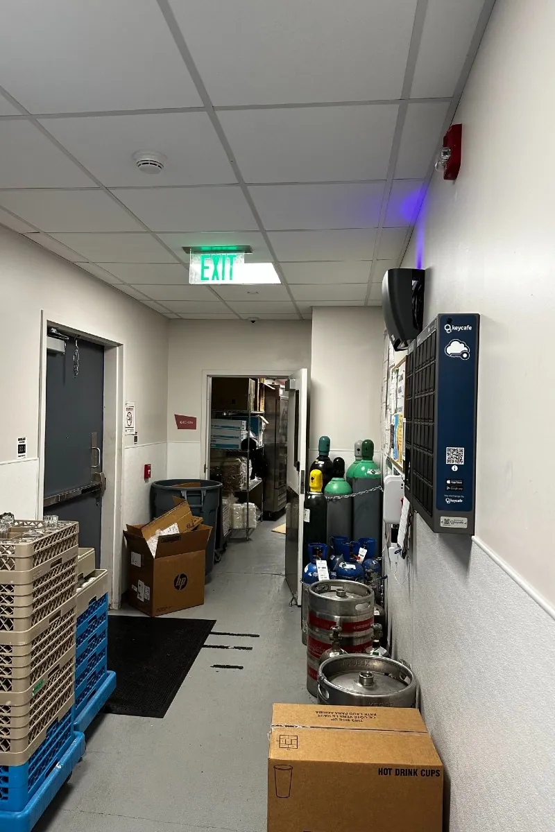 Wall-mounted Keycafe SmartBoxes in an employee lobby