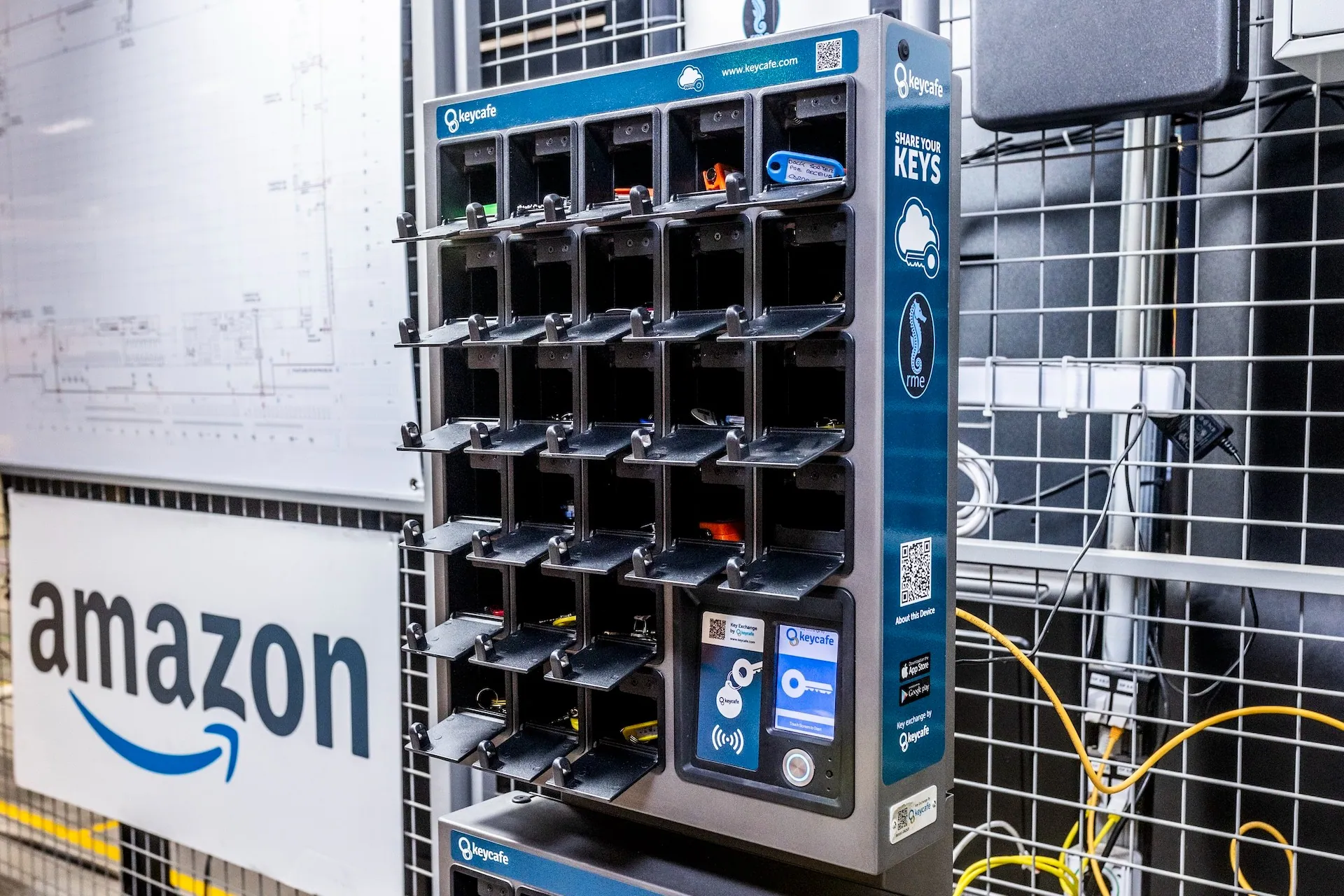 Amazon's SmartBox with all bins open displaying the stored keys