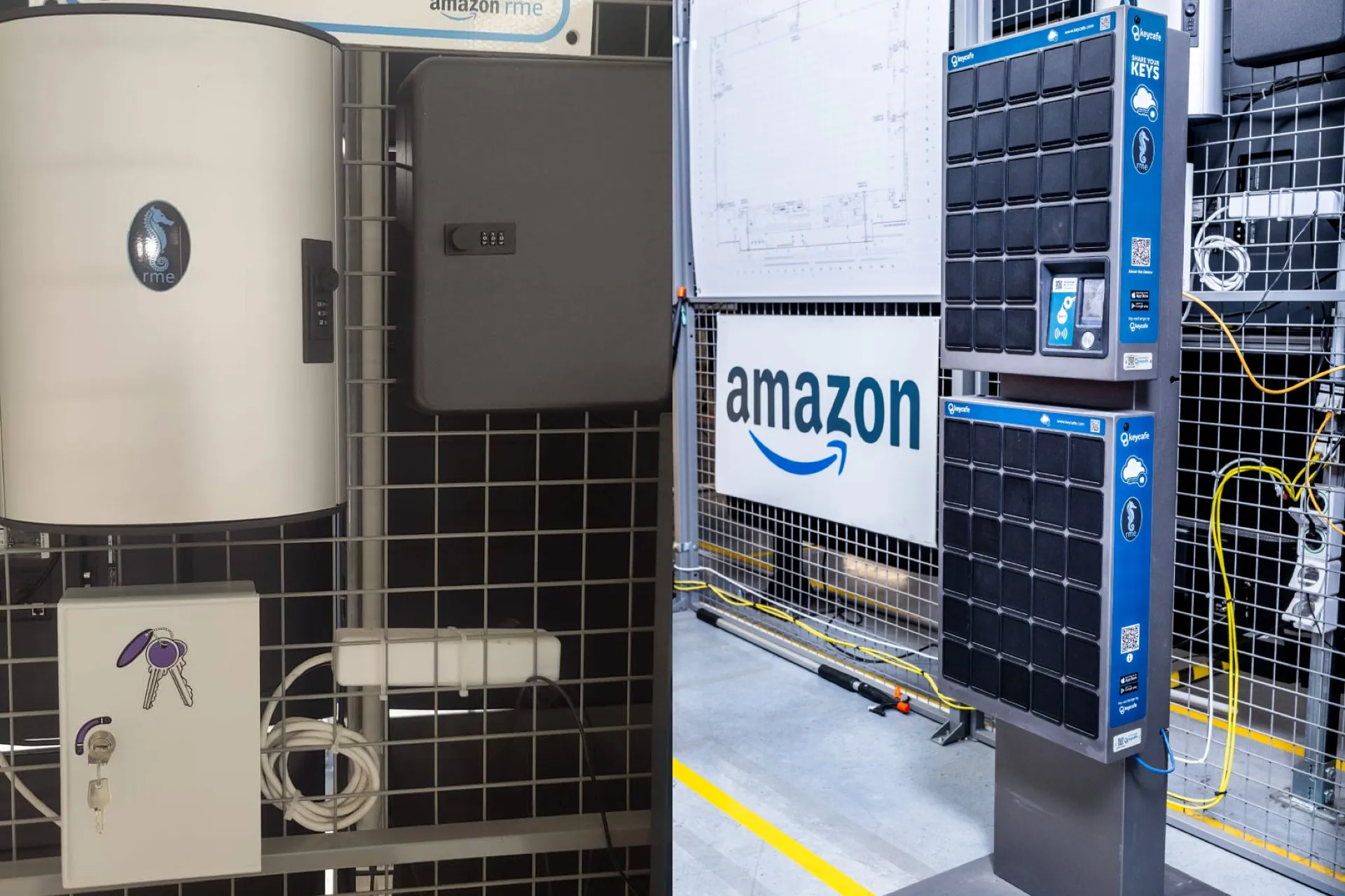 A split view comparing Amazon's old manual key lockbox and their new SmartBox setup