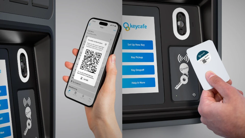 Side by side images of a person using the QR code and user badge authentication options